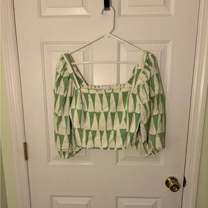 EUC Maison d'Amelie Anthropologie Blouse Top Green Ivory Balloon Sleeve Size L S